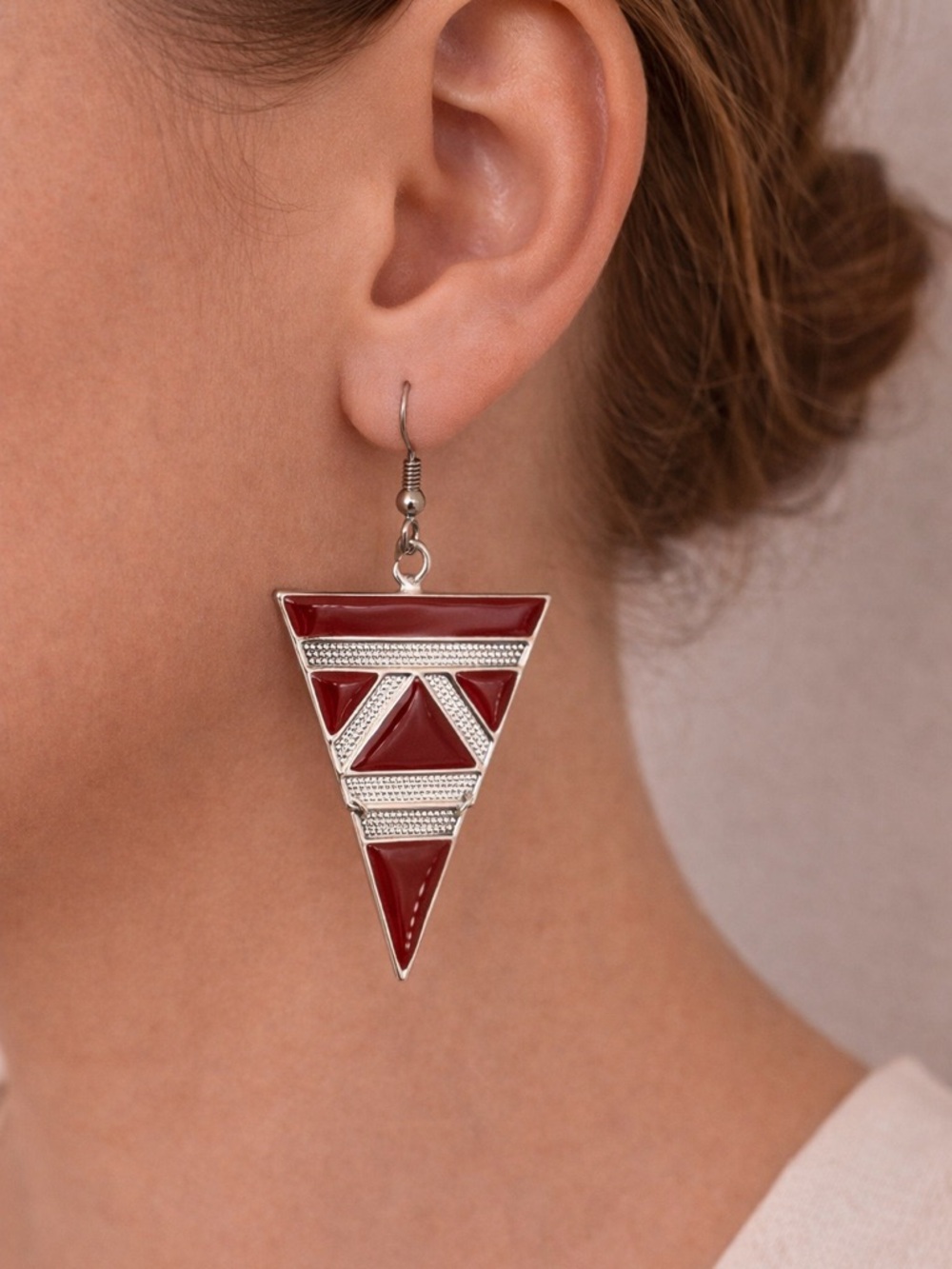 Red Silver Triangle Drop Earrings | Geometric Art Deco Statement